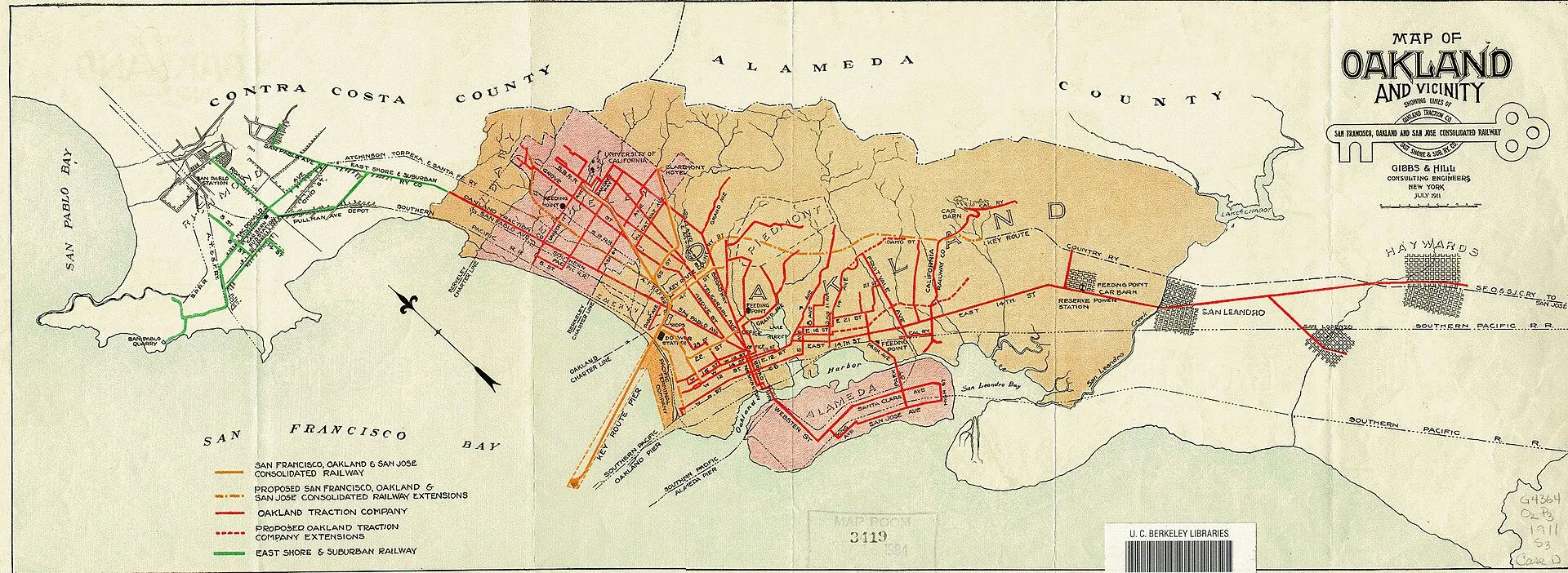 A 1911 map of the Key System train and streetcar lines across the East Bay